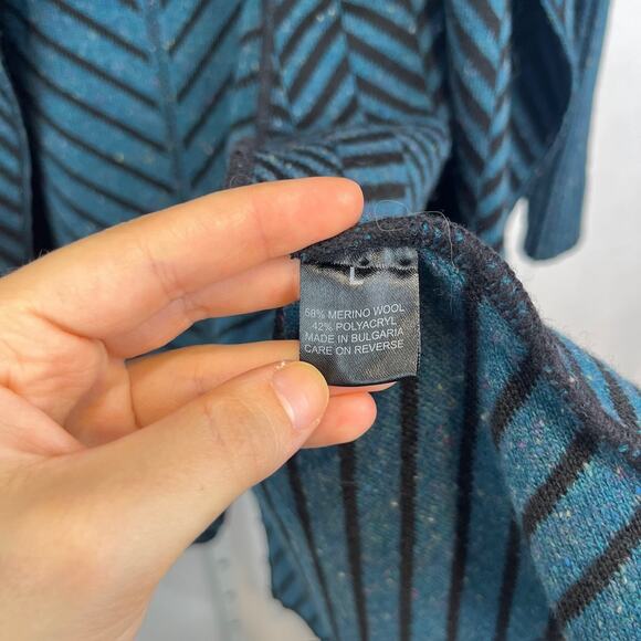 RONI RABL Open Front Chevron Cardigan Tunic Sweater Merino Wool Blend Blue L - Picture 7 of 8